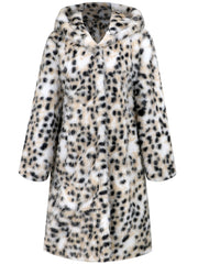 Leopard Print Hooded Fur Long Sleeve Mid Length Warm Coat