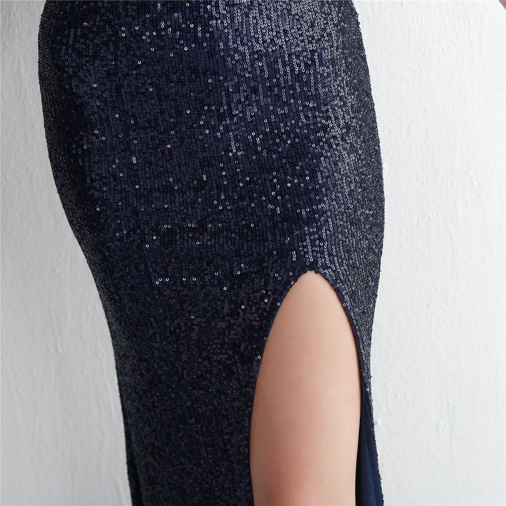 REVCHIC LUXE Elegant V-Neck Sequin Split Maxi Gown