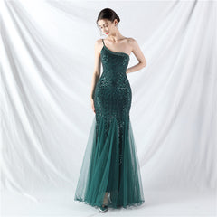 Elegant One Shoulder Beaded Floral Sequin Mesh Evening Dress