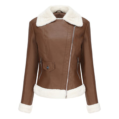 Long Sleeves Turn down Collar Fleece Leather Jacket