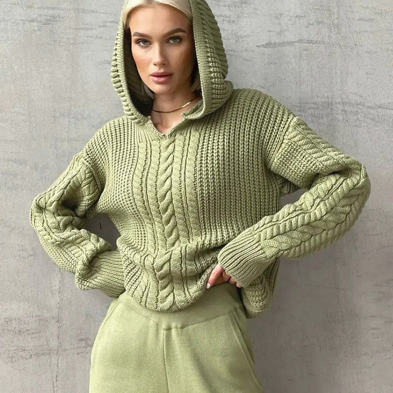 Women Hooded Long Sleeve Knitted Sweater