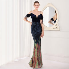 Elegant Velvet Short Sleeve Spaghetti Straps Evening Dress