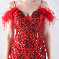 Elegant Ostrich Feather Mesh Floral Sequin Formal Dress