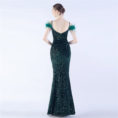 Elegant  Ostrich Feather Sequined Long Evening Dress