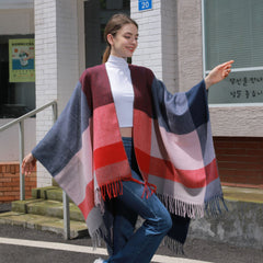 Women Classic Jacquard Tassel Slit Knitted Cape Plaid Shawl