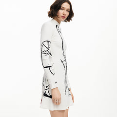 Women Portrait Line Printing Casual Long Sleeve Dress