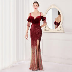 Elegant Velvet Short Sleeve Spaghetti Straps Evening Dress