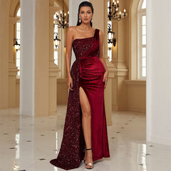 Elegant Sequined One Shoulder Backless Evening Dress