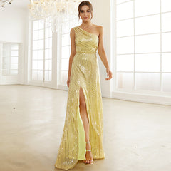 Elegant One Shoulder Sequined Split Evening Dress