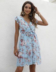 V neck Waist Lace up Printing Vacation Dress