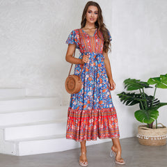 Summer V neck Ruffle Sleeve Boho Floral Print Maxi Dress