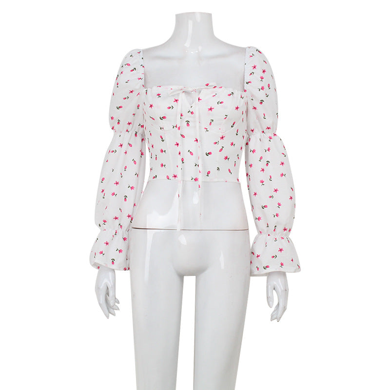 French Square Collar Bubble Long Sleeve Knotted Short Floral Top