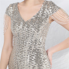 Elegant Craft Beaded Sequined Long A line Evening Dress