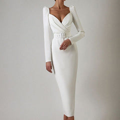 Elegant Low Cut Long Sleeve Cross Design Dress with Belt