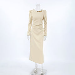 Elegant Asymmetric Collar Puff Sleeve Dress