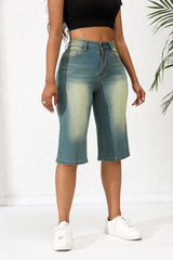 Washed Out Vintage Denim Cropped Straight Loose Shorts