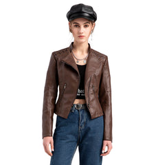 Women Leather Slim Thin Short Jacket