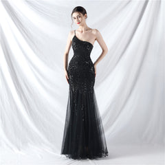 Elegant One Shoulder Beaded Floral Sequin Mesh Evening Dress