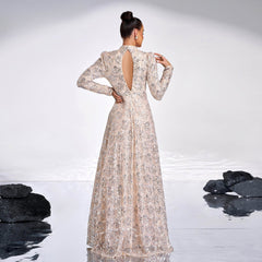 Long Sleeve Printed Sequin Backless Cocktail Evening Dress