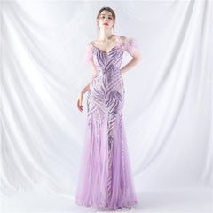 Craft Order Ostrich Hair Sequin Stitching Mesh High End Evening Dress