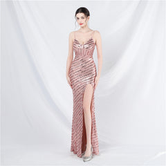 Women Sling Shoulder Low Cut Sequined Evening Dress