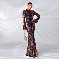 Long Sleeved Sequined Fishtail Evening Dress