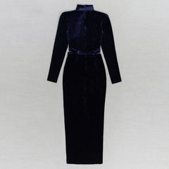 Half Turtleneck Blue Long Sleeve Cutout Split Evening Dress