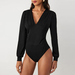 Women Sexy Slim Fit Long Sleeve V Neck Bodysuit