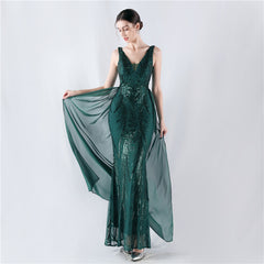 Women Floral Sequin with Cloak Craft Beaded Evening Dress