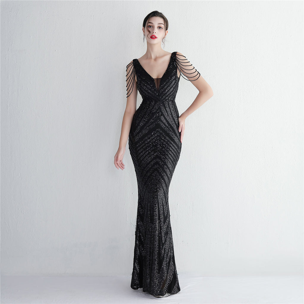 REVCHIC LUXE Elegant V-Neck Sequin Fringe Maxi Gown