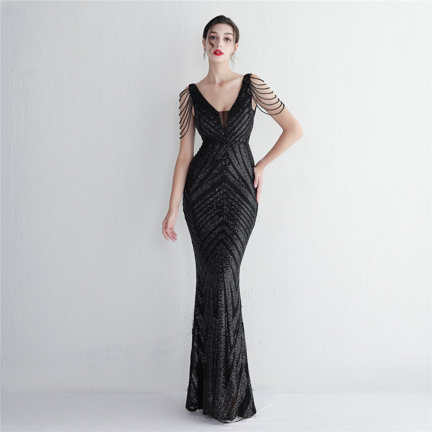 REVCHIC LUXE Elegant V-Neck Sequin Fringe Maxi Gown