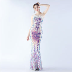 Elegant Floral Sequin Feather One Shoulder Evening Dress