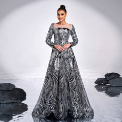 Long Sleeved Round Neck Sequined Evening Dress