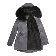 Women Fleece Lined Fur Collar Hooded Warm Jacket