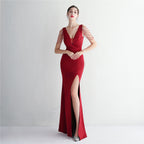 REVCHIC LUXE Elegant V-Neck Beaded Satin Maxi Gown