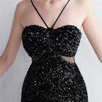 REVCHIC LUXE Elegant Halter Sequin Ruched Maxi Gown