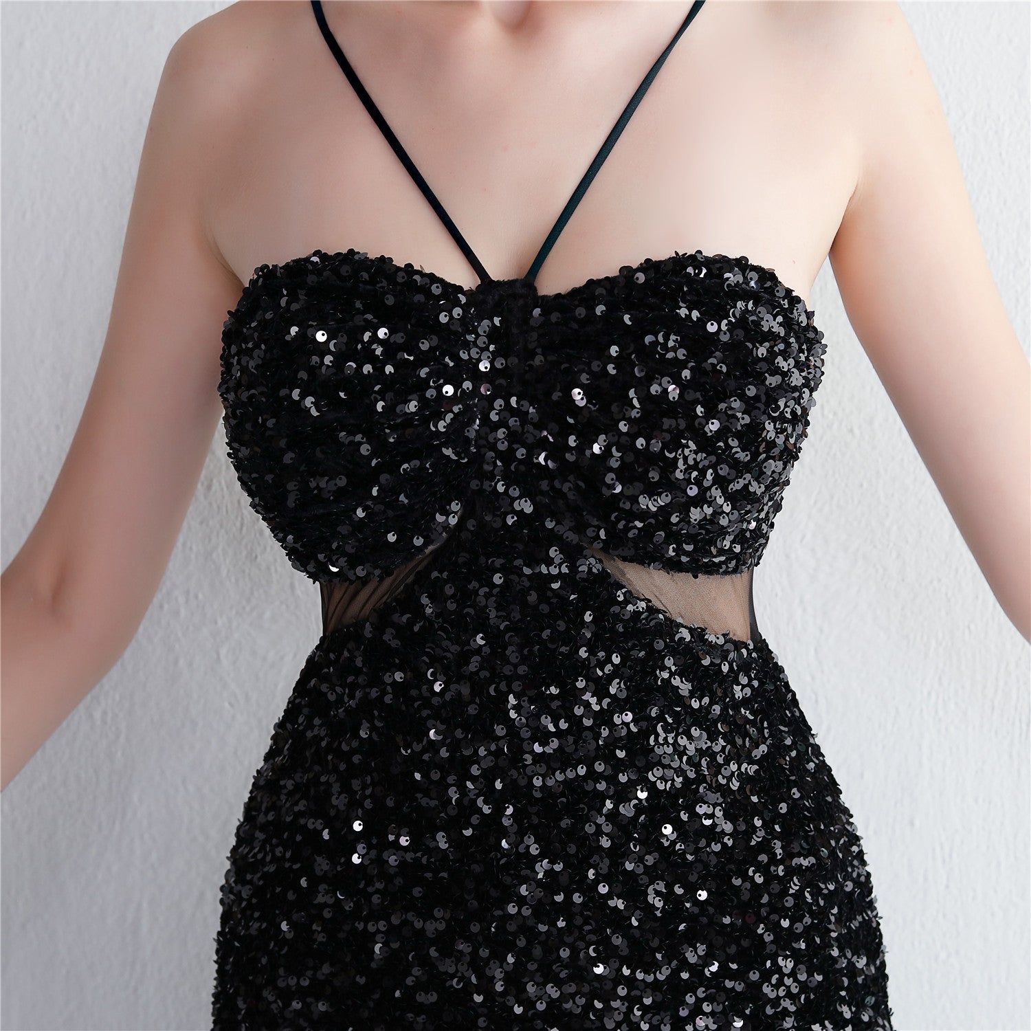 REVCHIC LUXE Elegant Halter Sequin Ruched Maxi Gown