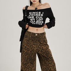 Retro Loose Leopard Print Wide Leg Jeans