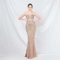 Elegant Boning Corset Mesh Sequin Evening Dress