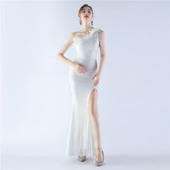 Elegant Gradient Sequin Beaded Feather Evening Dress