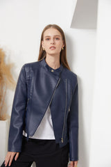 Women Slim-Fit Faux Leather Collared Leather Jacket