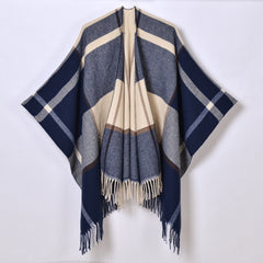 Classic Lines Plaid Shawl Thick Knit Cardigan Cloak