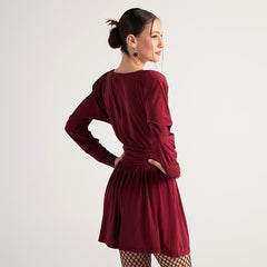 Women Solid Color Retro Long Sleeve Pleated Short Dress