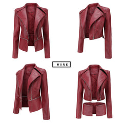 Women Detachable Hem Casual Faux Leather Jacket