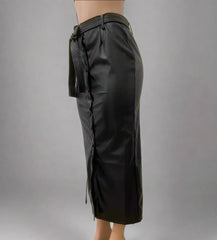 Women Black Faux Leather Slit Slim Skirt