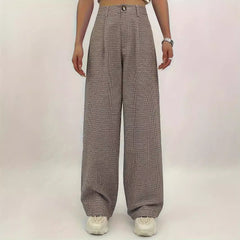 Women High Waist Plaid Printed Wide Leg Pants