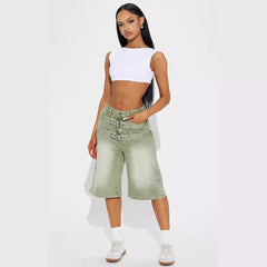 Double Belt Washed Gradient Loose Knee-length Shorts