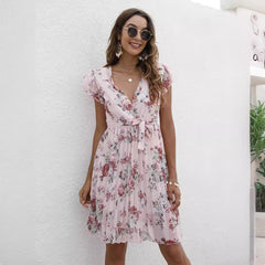 V neck Waist Lace up Printing Vacation Dress