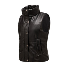 Women Leather Sleeveless Quilted Cotton Padded Jacket