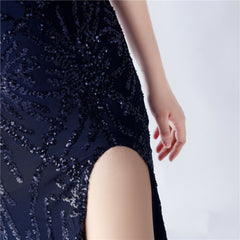 Elegant Feather Beaded Long Sequined Evening Dress